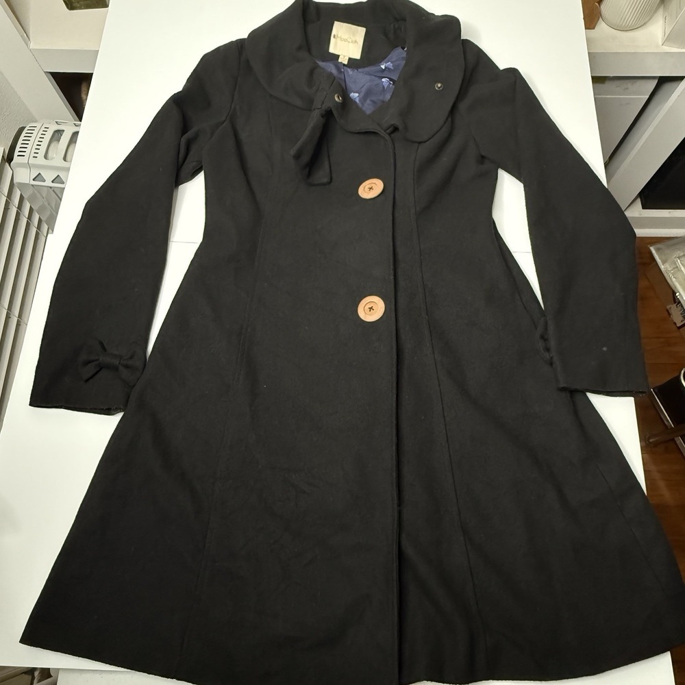 Modcloth Flared Coat Snap Buttons Women's Small Black jacket trench